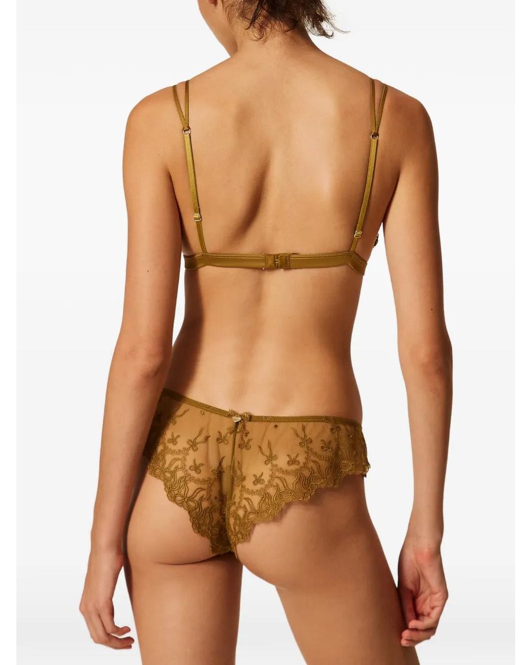 Twinset Natural Embroidered Tulle Brazilian Briefs With Bows