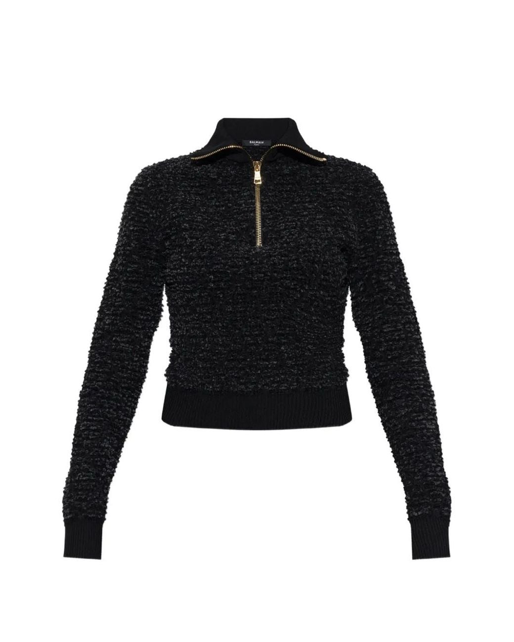 Balmain Black Bouclé-Knit Quarter-Zip Sweater