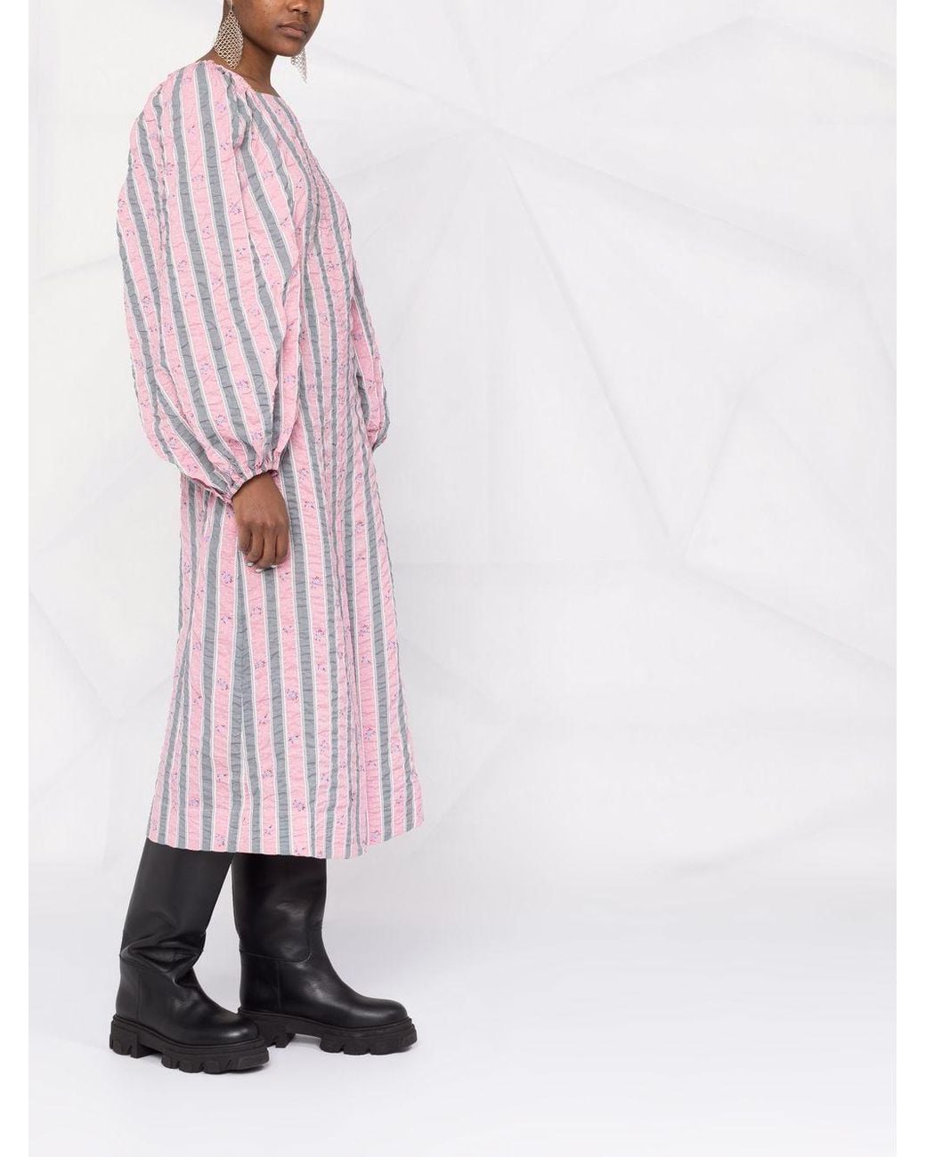 Ganni Striped Floral Seersucker Dress in Pink | Lyst