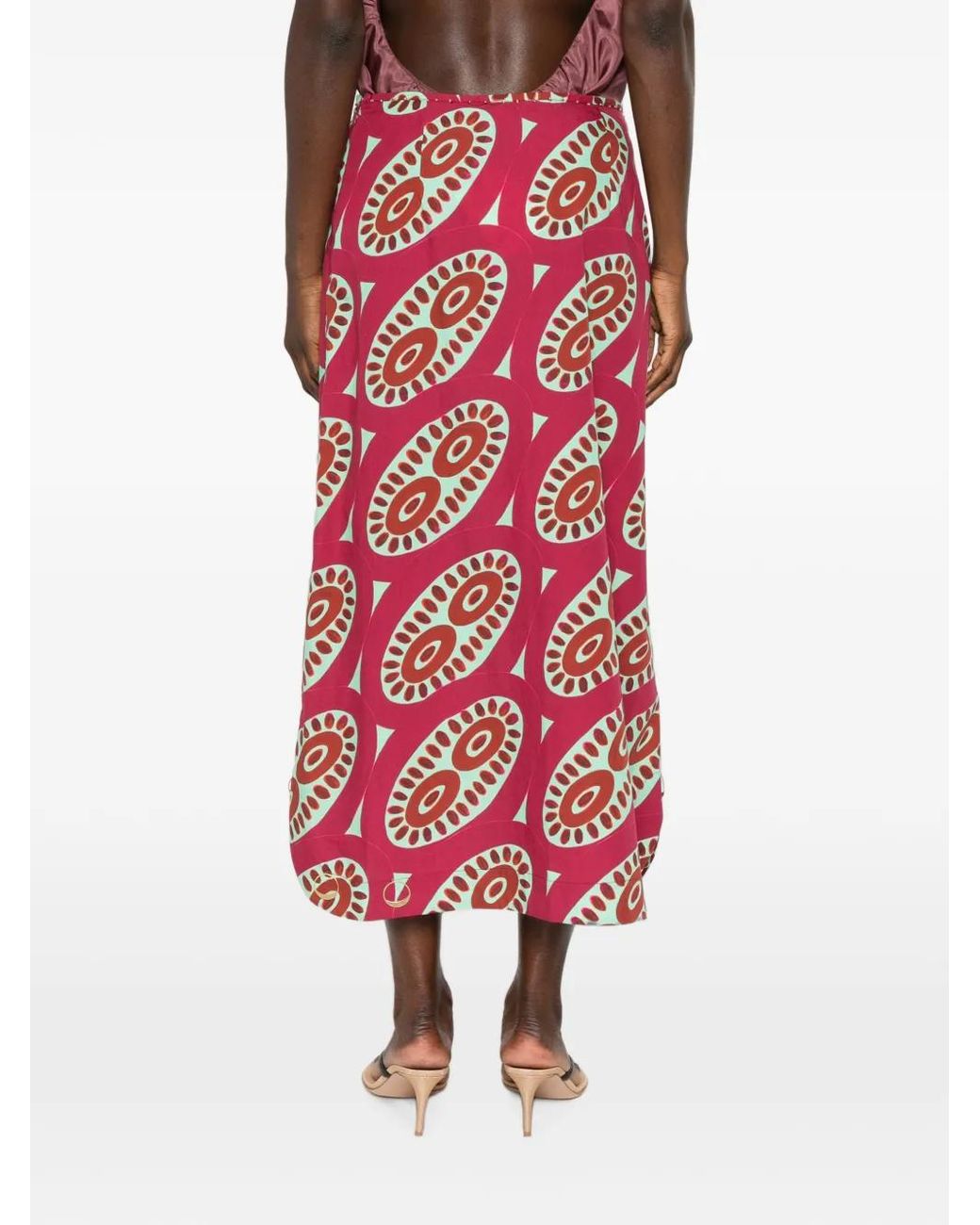 Themis Z Red Selena Geometric-Print Side-Slit Midi Skirt