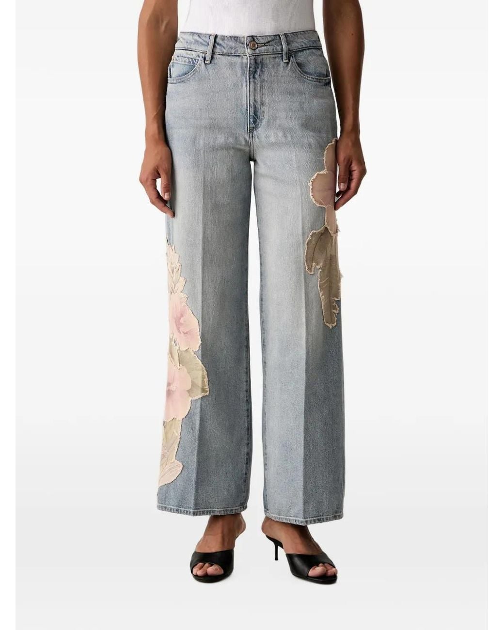 Guess Gray Floral-Motif Patchwork Jeans