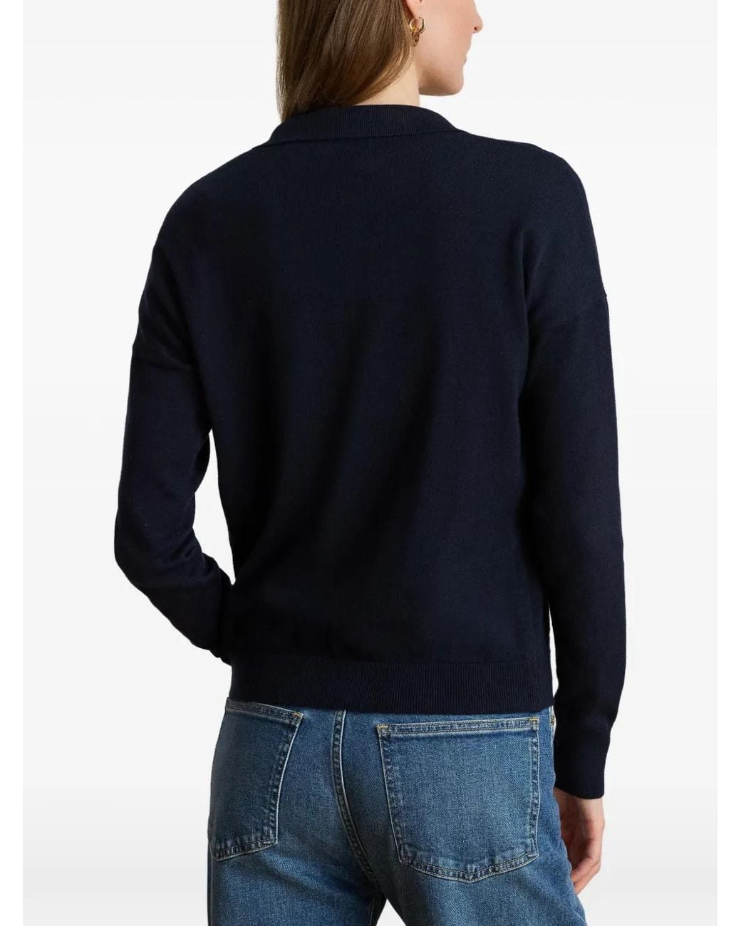 Ralph Lauren Blue Johnny-Collar Embroidered-Logo Sweater