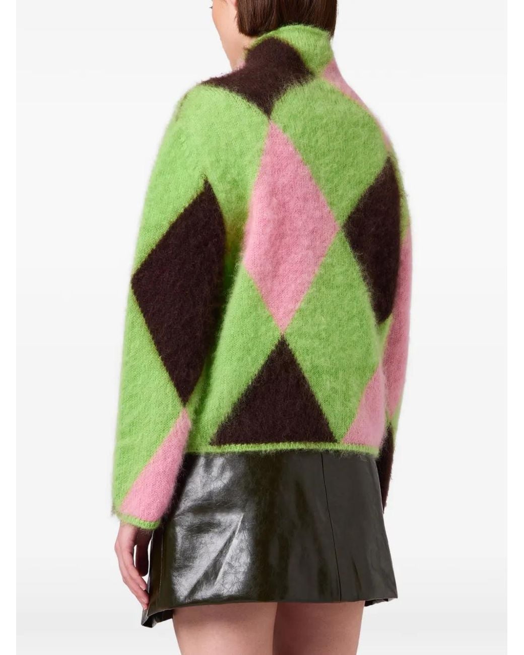 MSGM Green Argyle-Pattern High-Neck Sweater