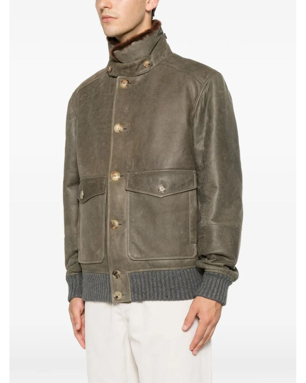 Brunello Cucinelli Brown Waxed Shearling Bomber Jacket With Shearling Collar for men