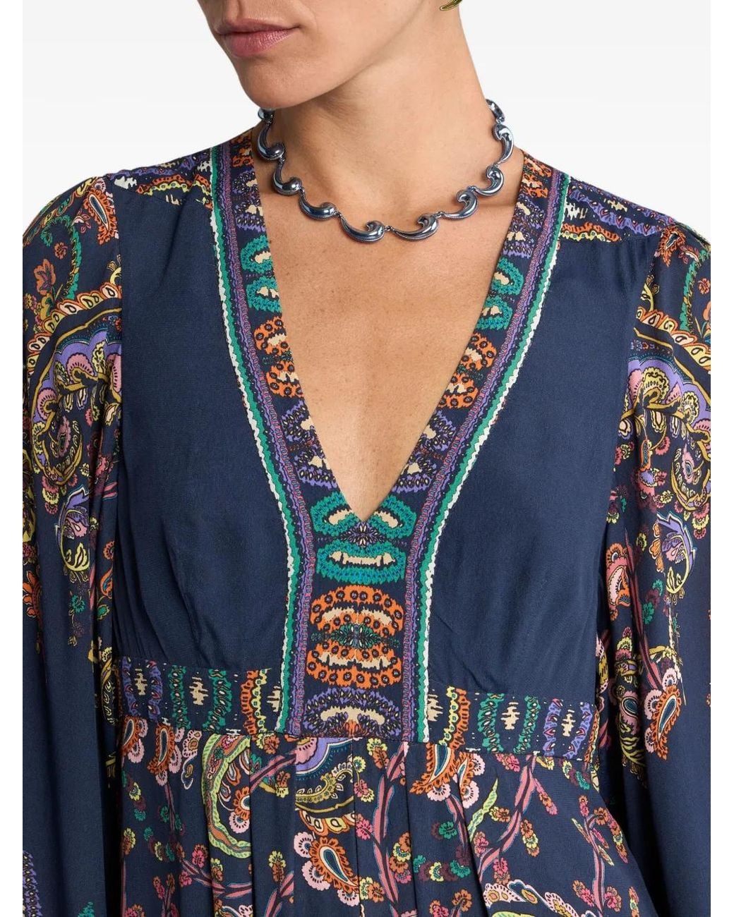 Etro Blue Paisley Print V Neck Dress