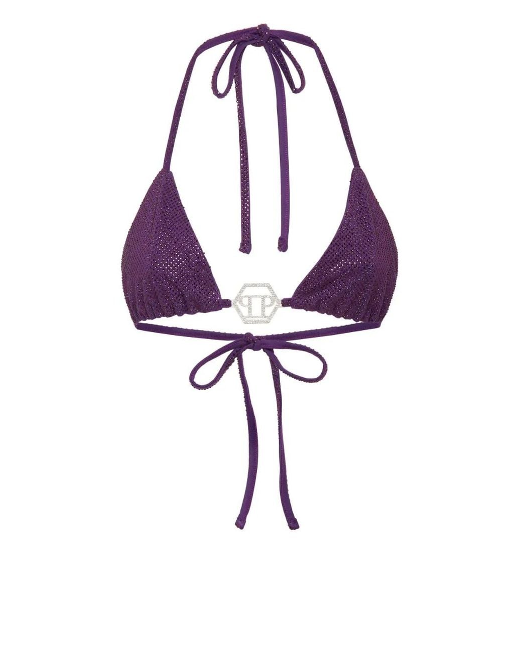 Philipp Plein Purple Rhinestone Embellished Jersey Bikini Top