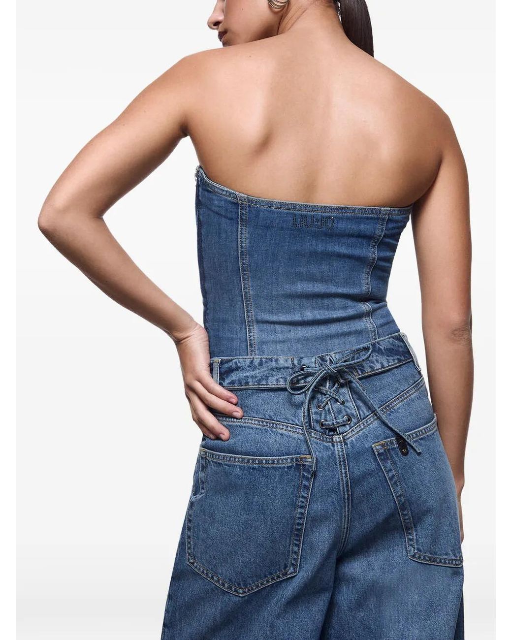 Liu Jo Blue Lace-Up Strapless Bustier Top
