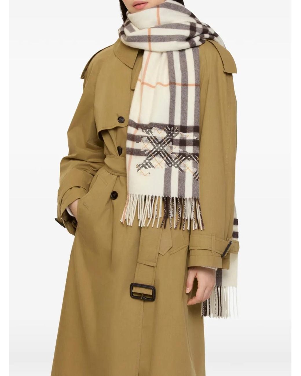 Burberry White Wide Cross Stitch Ekd Check Cashmere Scarf