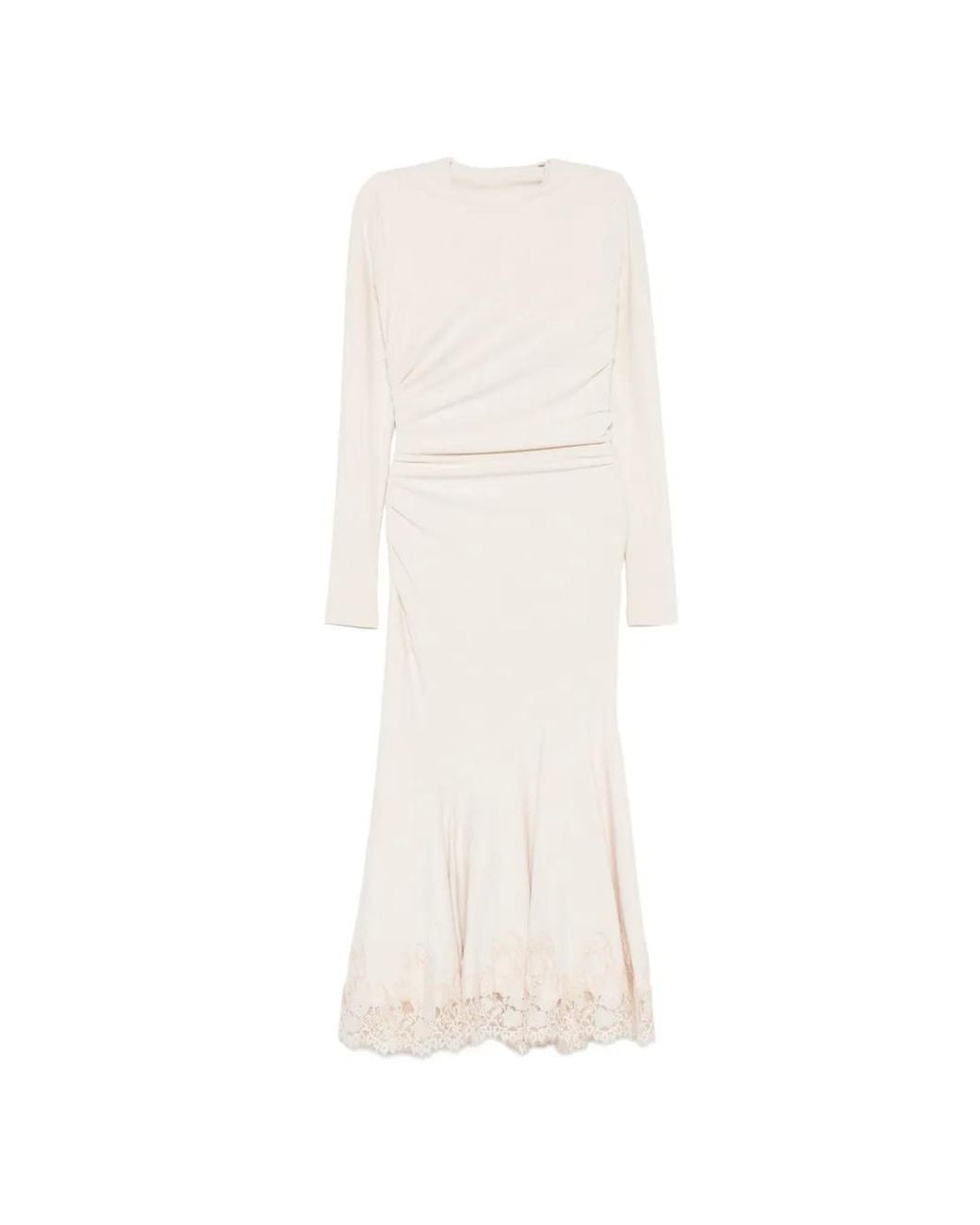 Alberta Ferretti White Lace-Trim Ruched Midi Dress