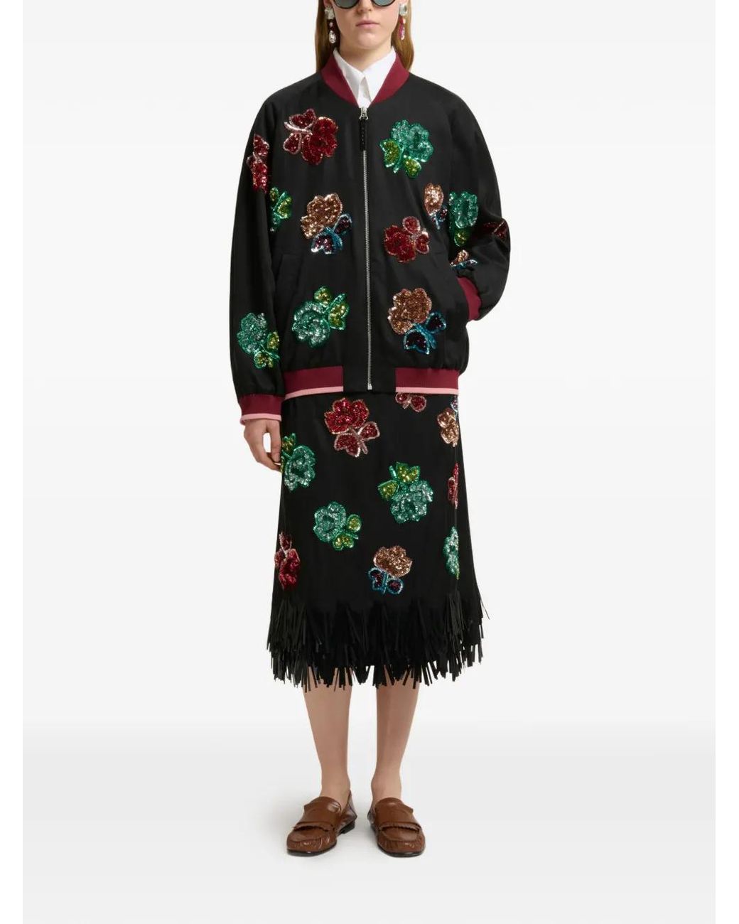Marni Black Sequin Flower Bomber Jacket