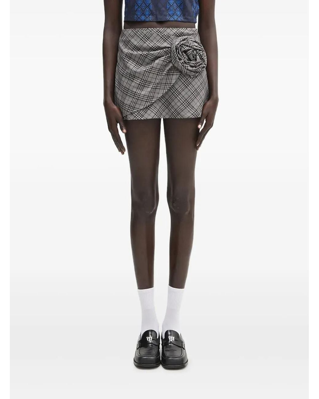 Ambush Black Rose-Appliqué Plaid Skirt