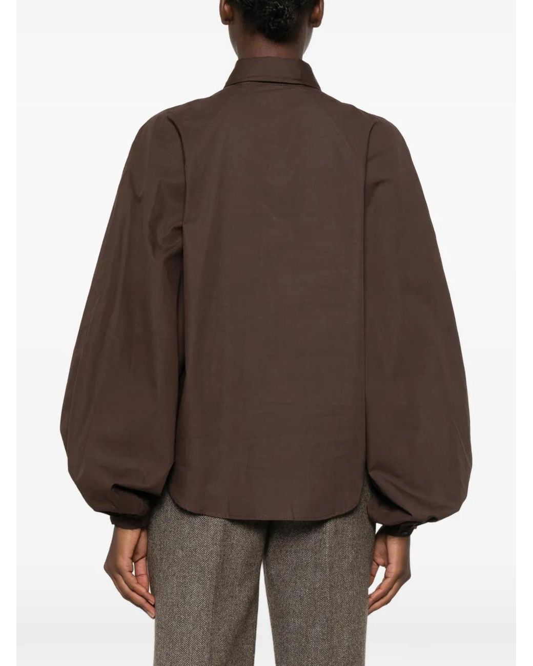 Closed Brown Deep Blouse With Classic Collar And Puffed Sleeves