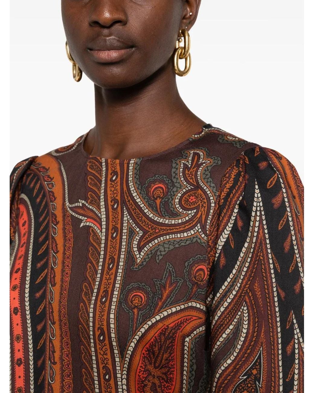 Etro Brown Paisley-Print Long-Sleeve Dress