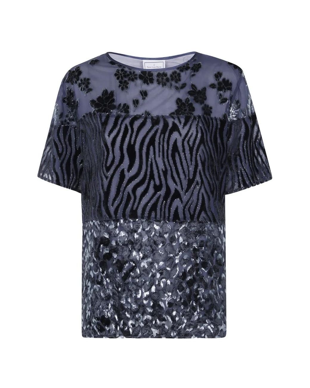 Pierre Louis Mascia Blue Patchwork-Pattern Devoré T-Shirt