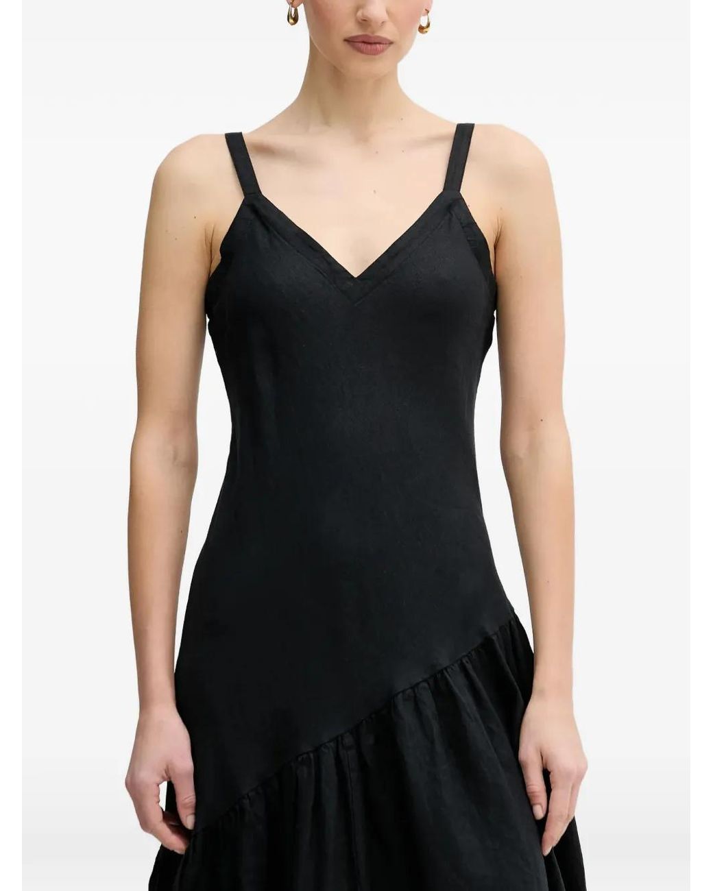 DKNY Black V-Neck Ruffled Midi Dress