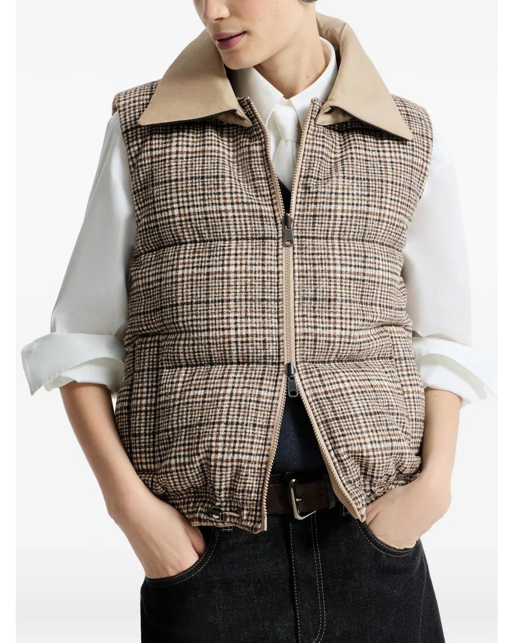 Brunello Cucinelli Brown Prince Of Wales Reversible Down Vest With Detachable Leather Collar And Monili