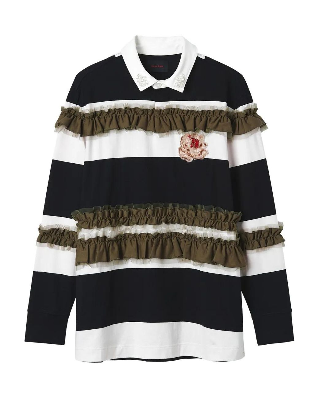 Simone Rocha Black Ruffle-Embellished Striped Polo Shirt for men
