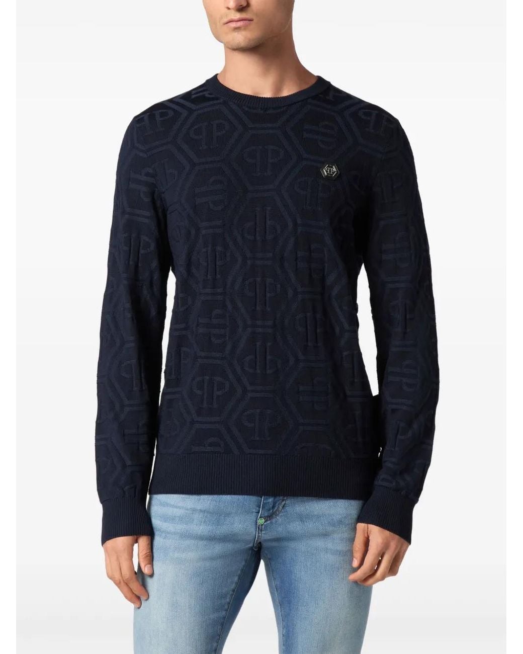 Philipp Plein Blue Jacquard Silk Wool Pullover Round Neck Ls Monogram for men