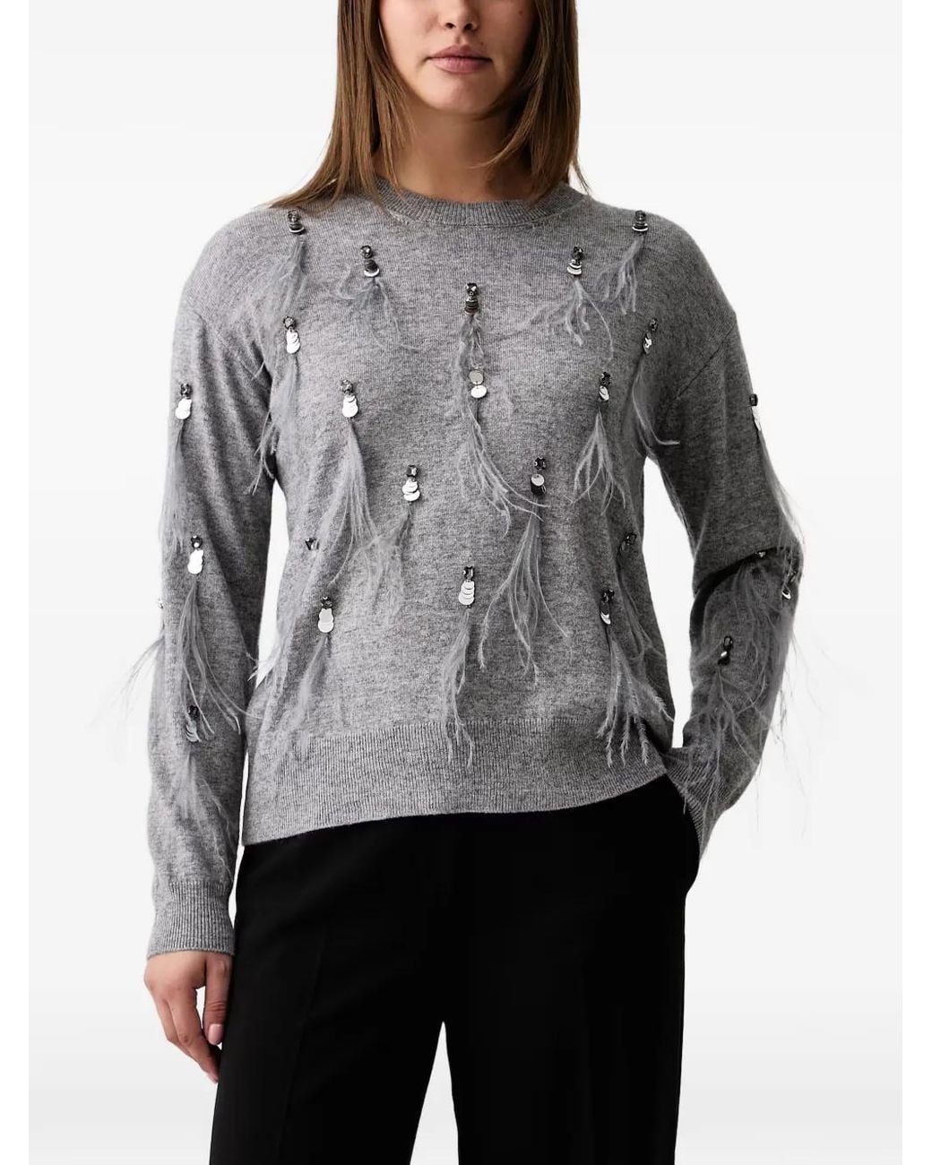 Kaos Gray Sequin-Embellished Feather-Trim Sweater