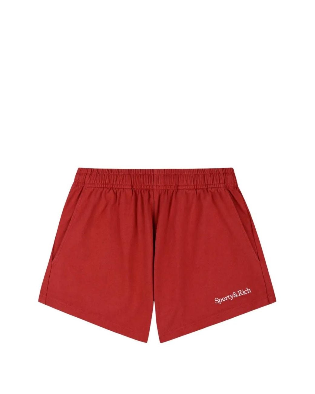 Sporty & Rich Red Serif Logo Disco Shorts
