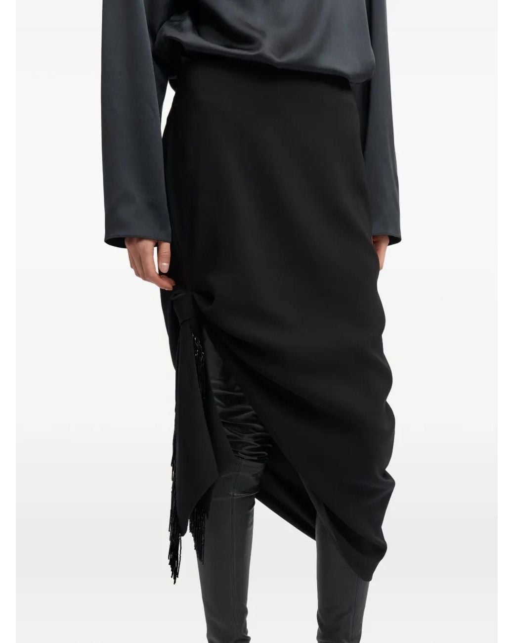 16Arlington Black Ofanto Draped Fringe-Trimmed Midi Skirt