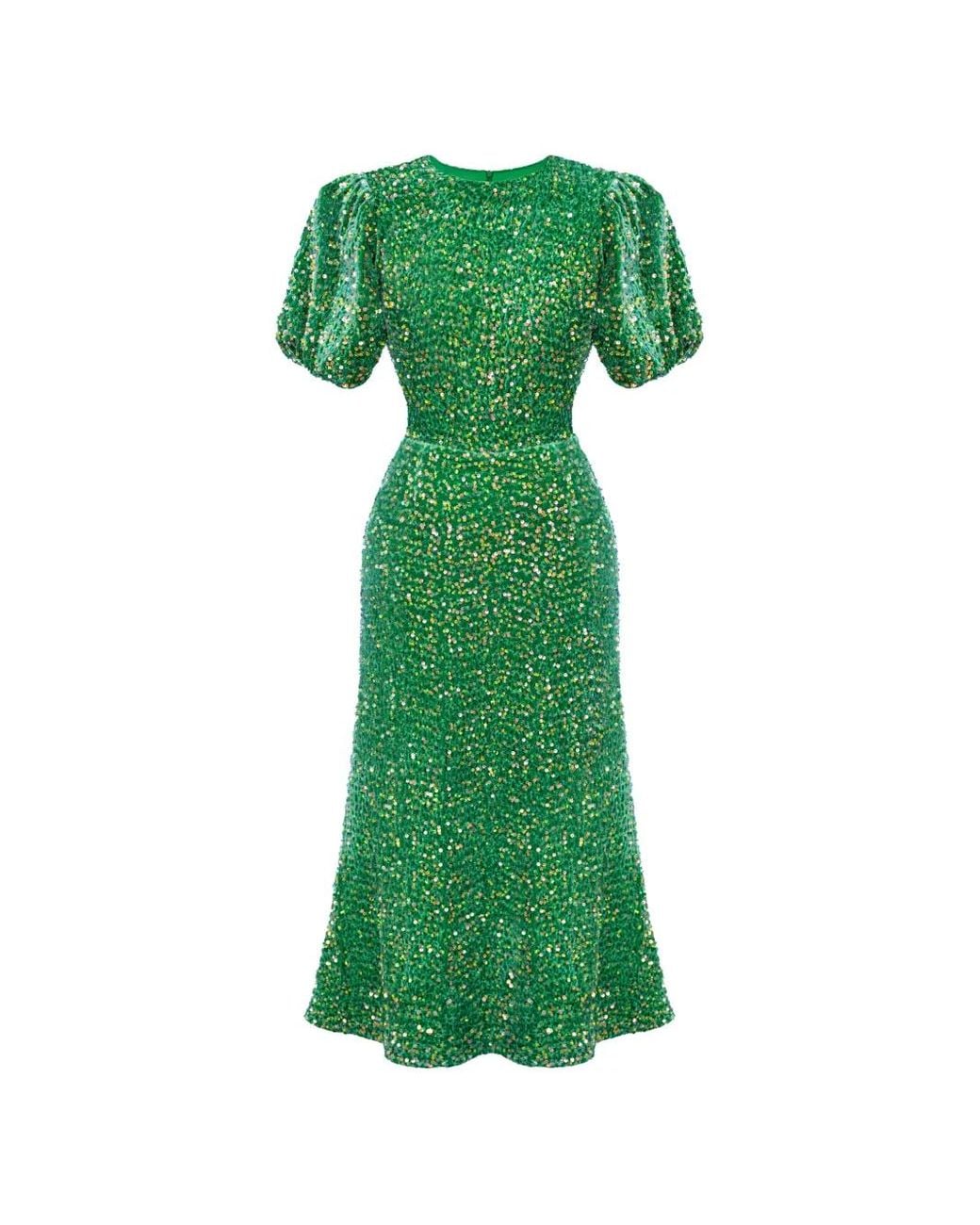 POST MERIDIEM Green Sequin-Embellished Puff-Sleeve Midi Dress