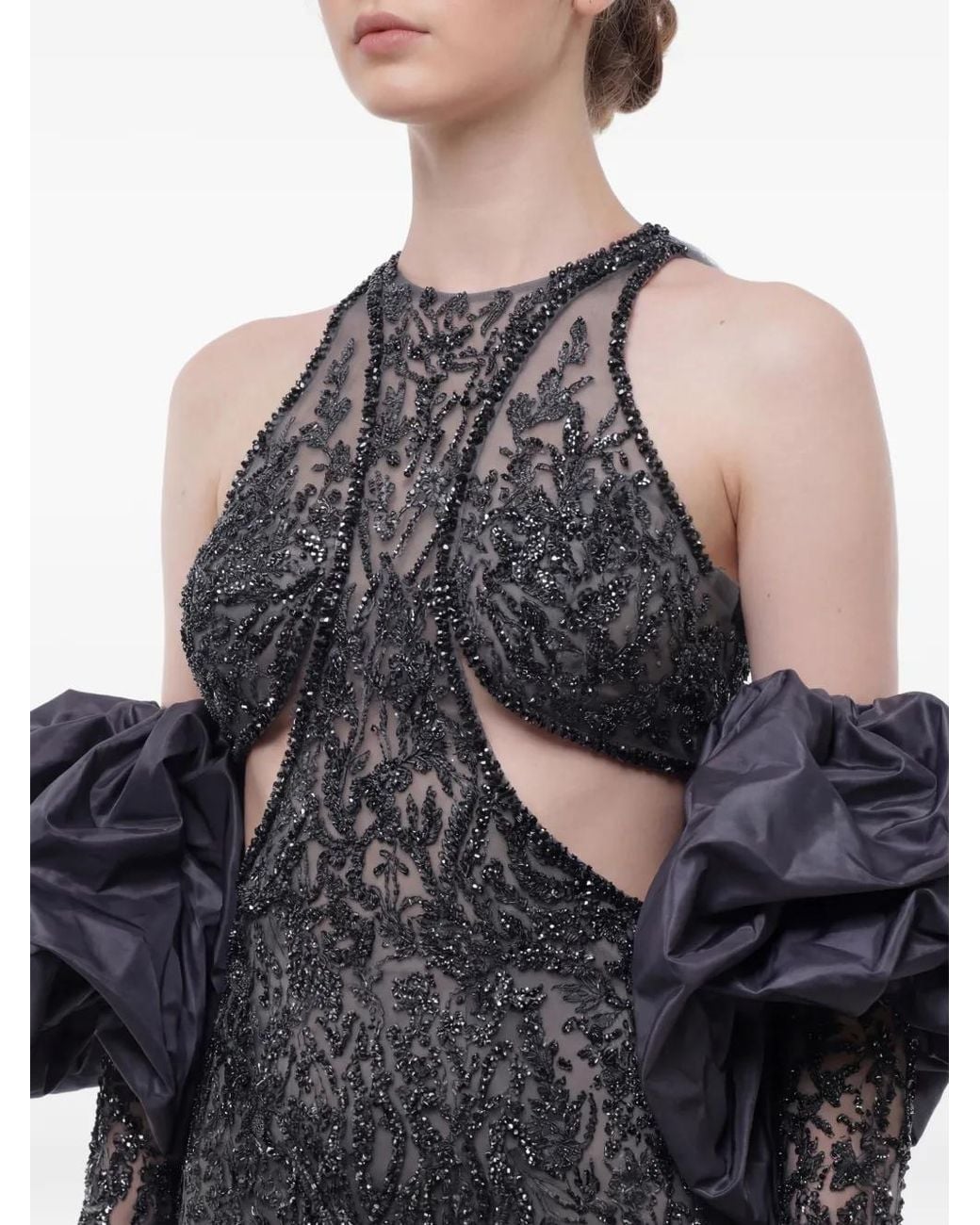 Gatti Nolli by Marwan Gray Bead-Embellished Ruffled-Sleeve Gown