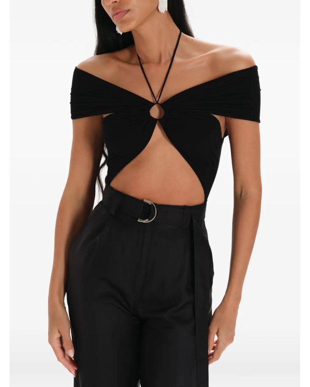 MANURI Black Eleni Cut-Out Off-Shoulder Bodysuit