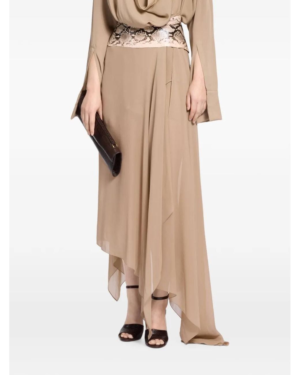 Elie Saab Natural Python-Print Draped Maxi Skirt