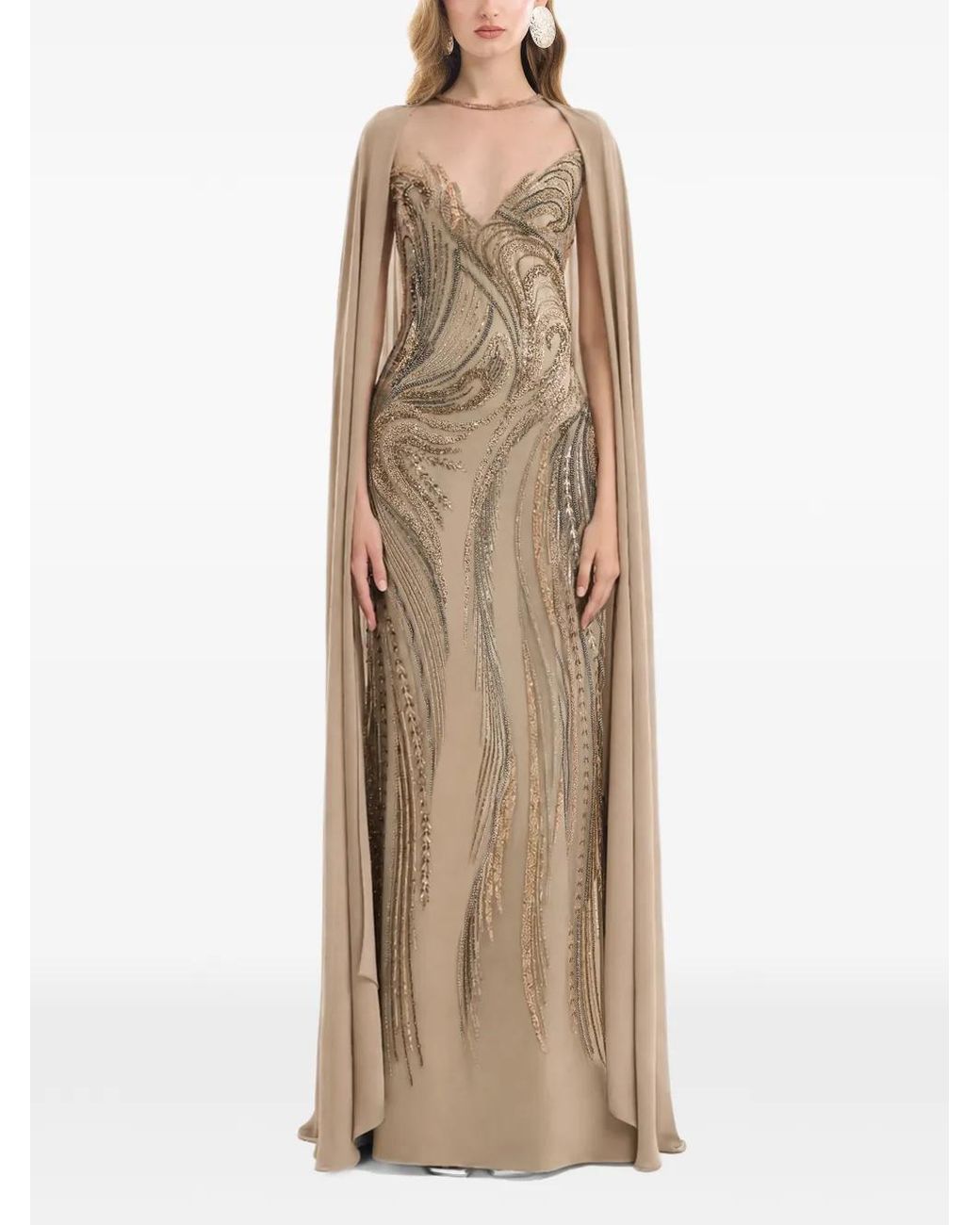 Gemy Maalouf Natural Bead-Embellished Cape-Overlay Maxi Dress