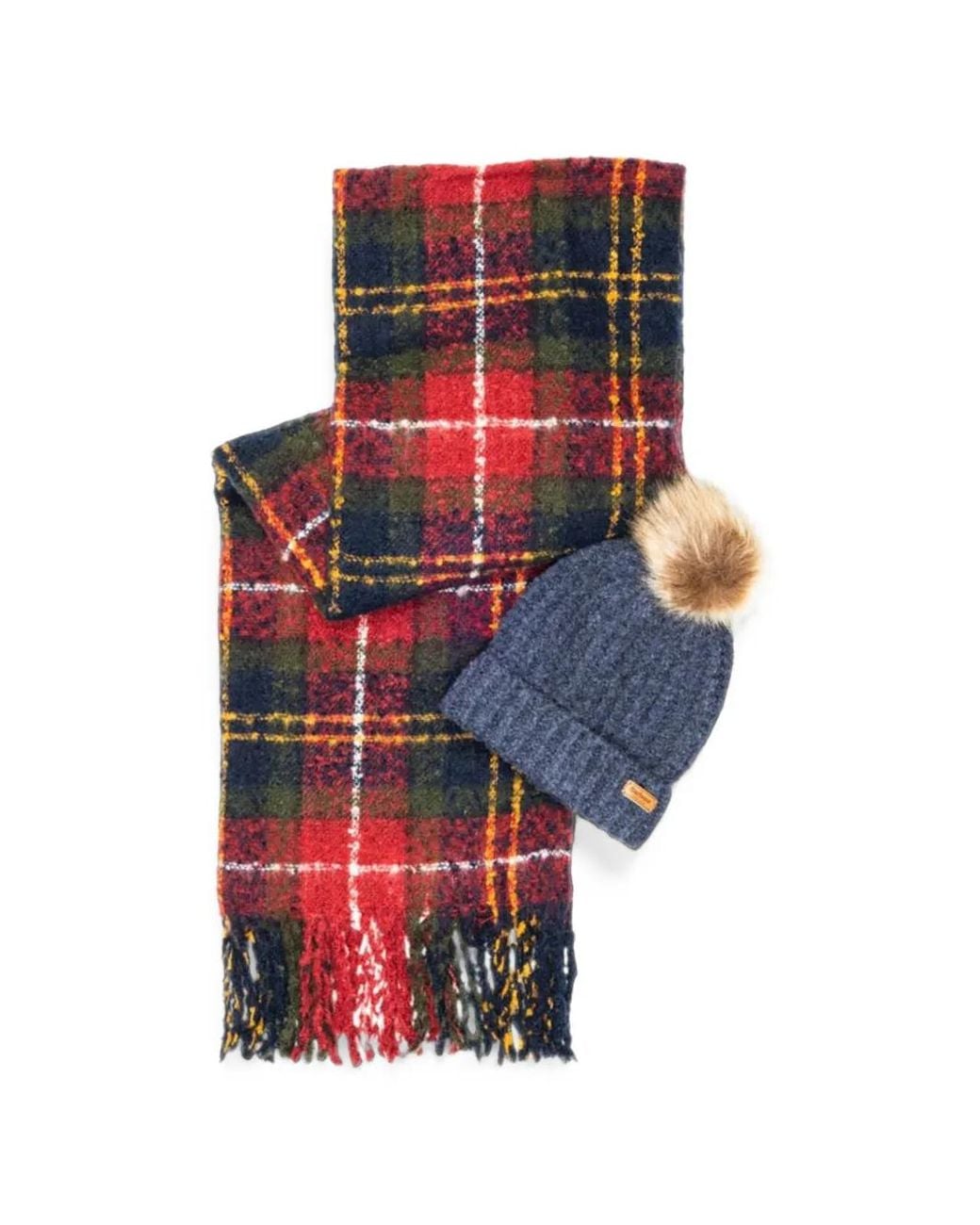 Barbour Red Tartan Check Beanie Hat And Scarf Set