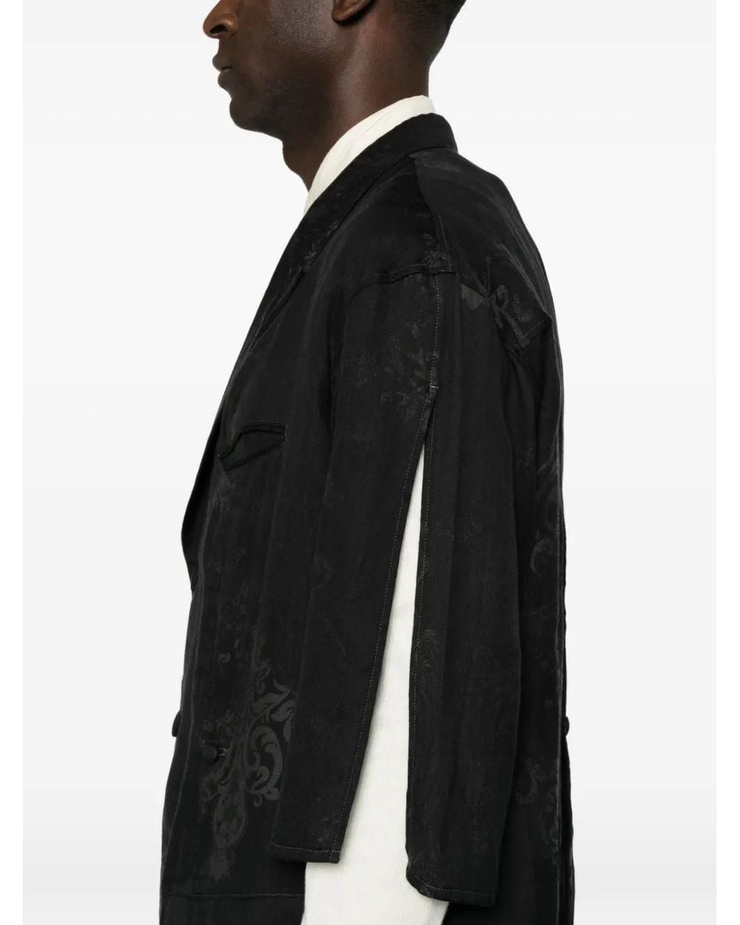 Yohji Yamamoto Black Manteau En Jacquard À Manches Courtes for men