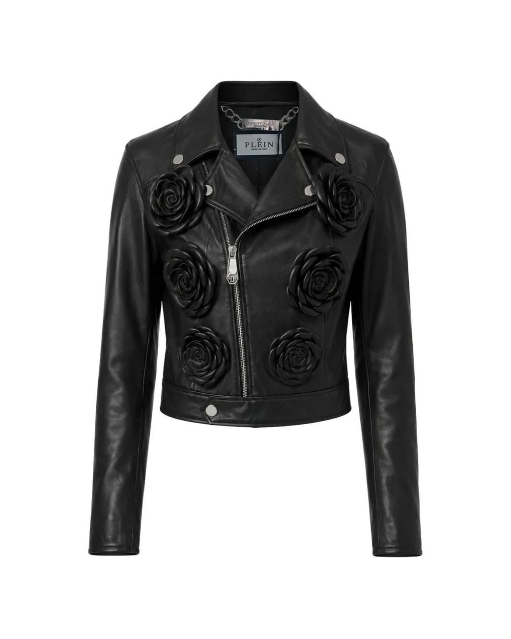 Philipp Plein Black Cropped Biker Jacket Flower