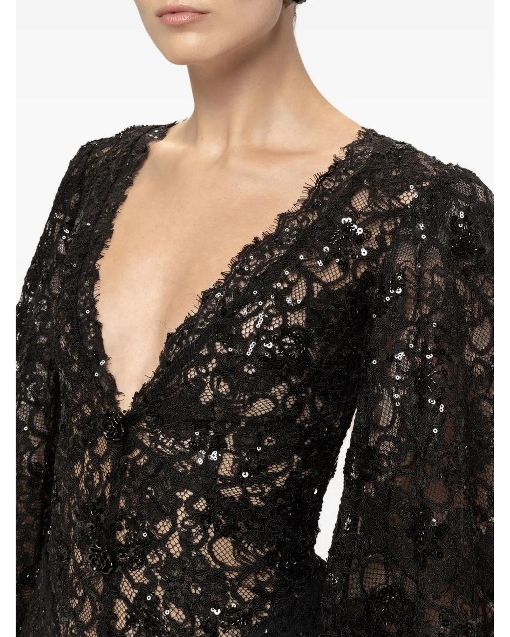 Nissa Black Sequin Lace Midi Dress