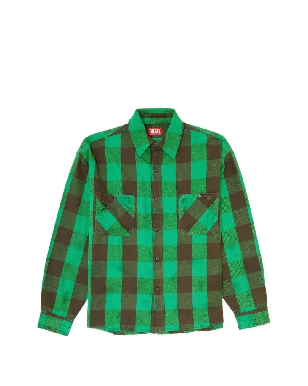 DIESEL Green Check Flannel Shirt With Distressed Effect for men