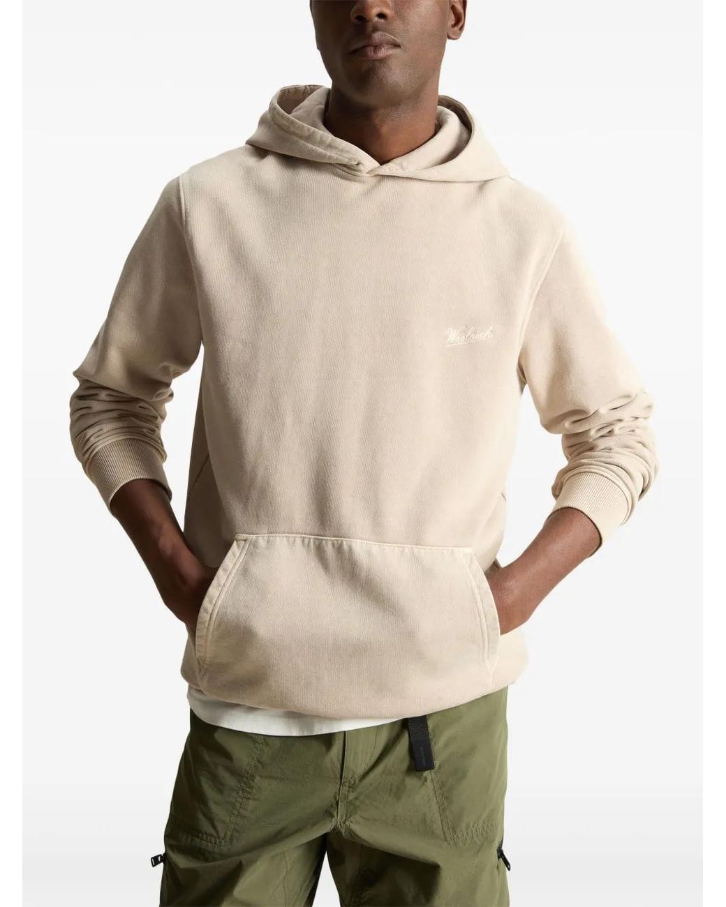 Woolrich Natural Logo-Embroidered Cotton Hoodie for men