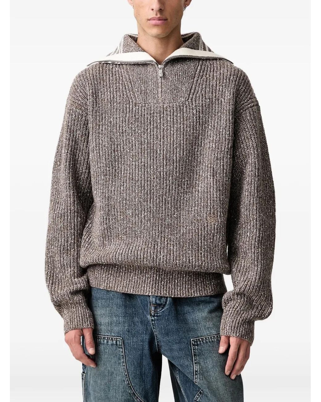 Filling Pieces Gray Quarter-Zip Chunky-Knit Sweater for men