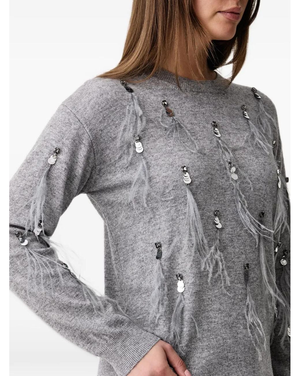 Kaos Gray Sequin-Embellished Feather-Trim Sweater