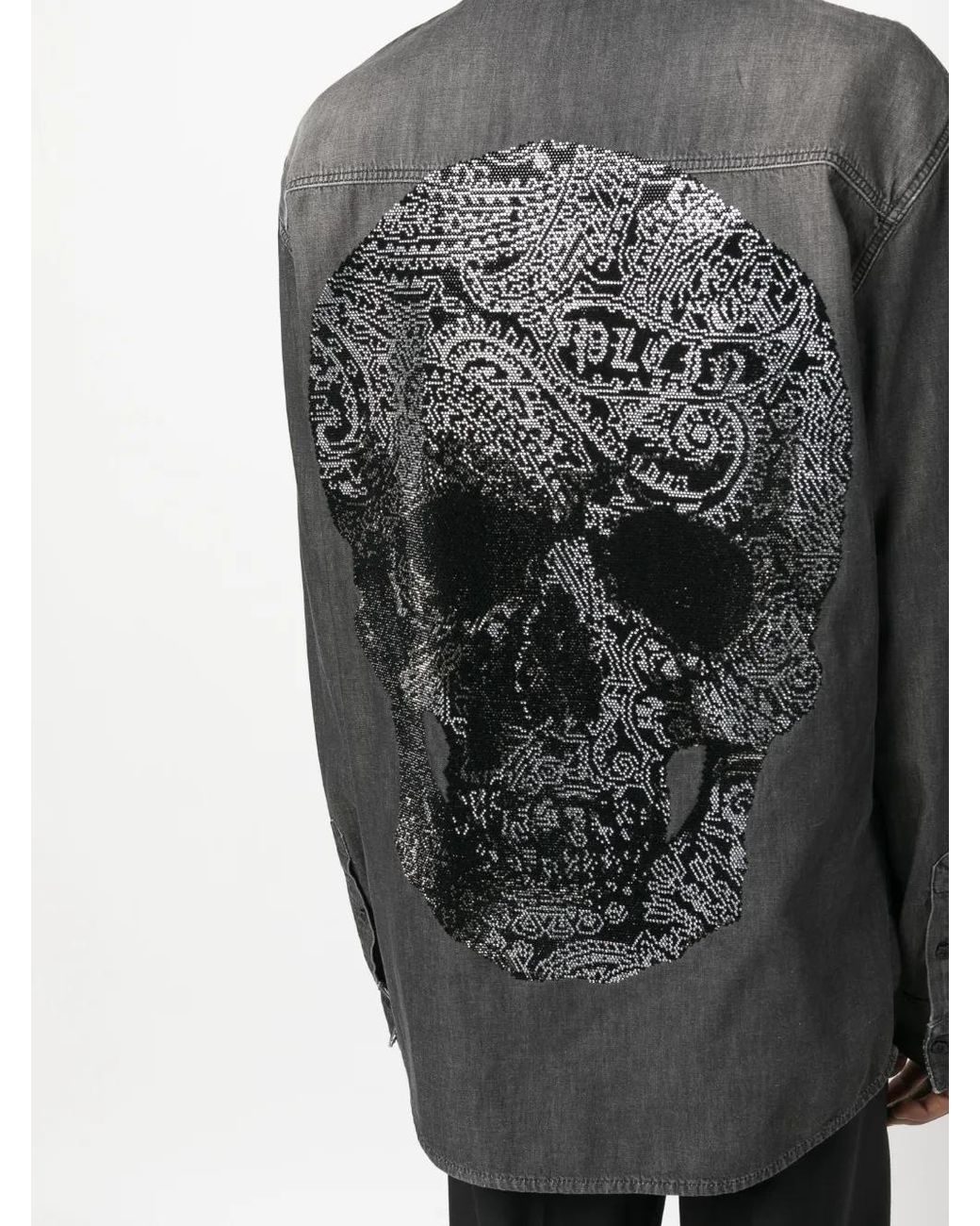 Philipp Plein Gray Rhinestone Skull-Print Denim Shirt for men