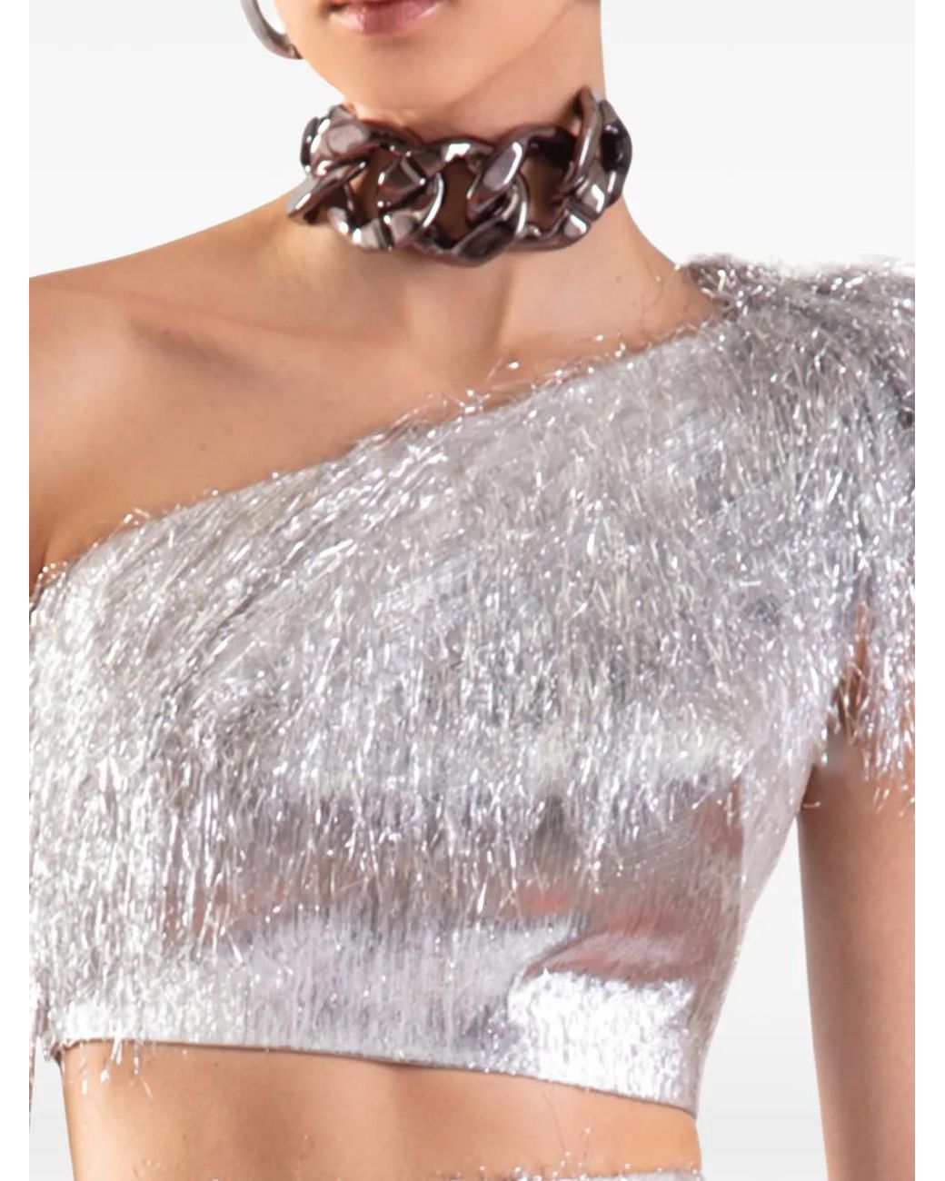Gemy Maalouf Gray Fringe-Trimmed One-Shoulder Top