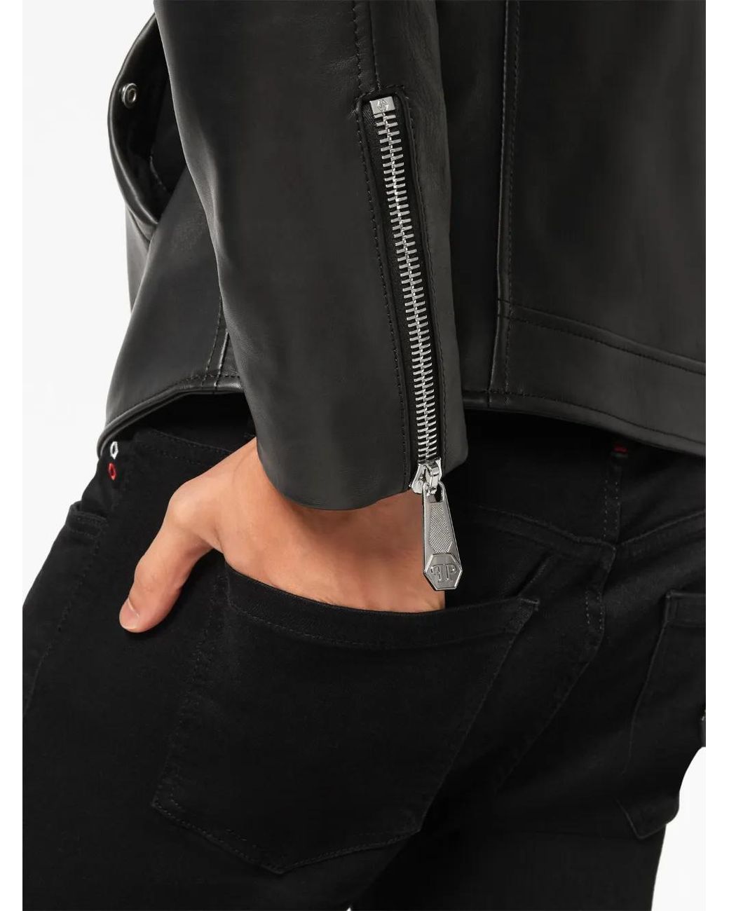 Philipp Plein Black Logo-Patch Leather Jacket for men