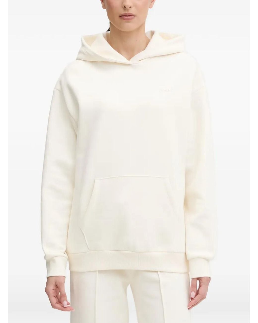 Guess White Logo-Embroidered Pouch-Pocket Hoodie