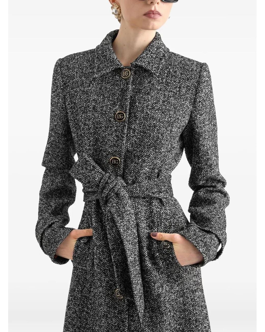 Dolce & Gabbana Gray Herringbone-Pattern Belted Single-Breasted Coat