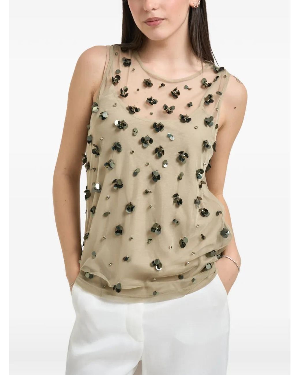 Liu Jo Natural Embroidered Tulle Top