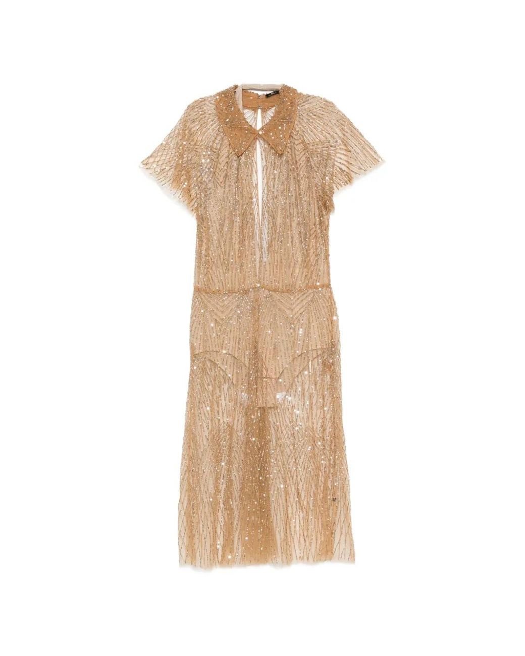 Elisabetta Franchi Natural Collared Embellished Midi Dress