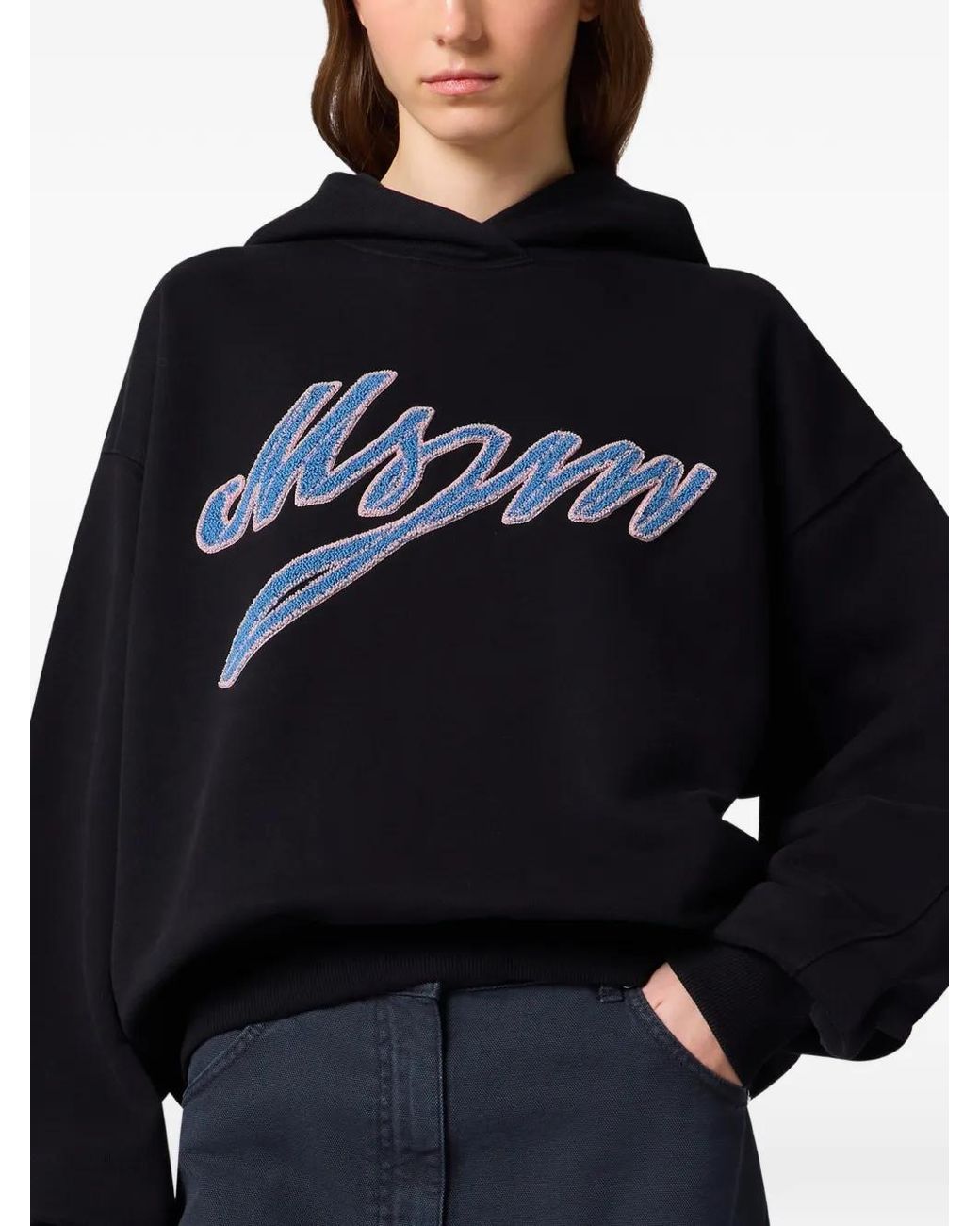 MSGM Black Logo-Patch Oversized Hoodie