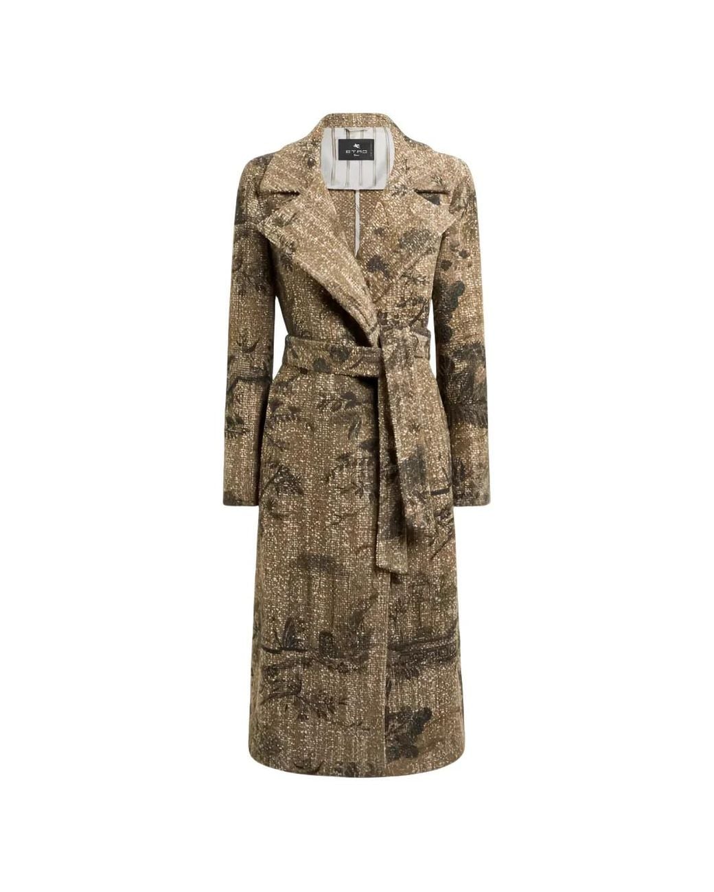 Etro Natural Bouclé Wrap Coat With Flower And Animal Motif