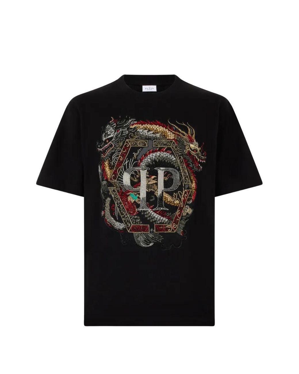 Philipp Plein Black Round Neck T-Shirt Dragon for men