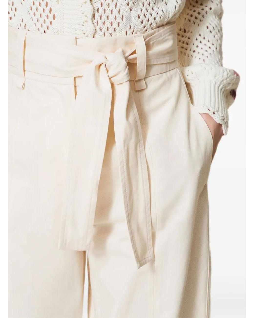 Twinset White Belted Gabardine Trousers