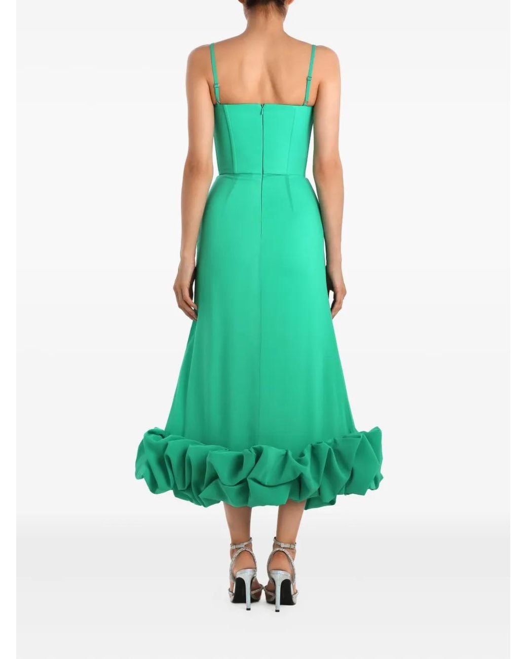 POST MERIDIEM Green Draped-Bodice Flounced-Hem Midi Dress